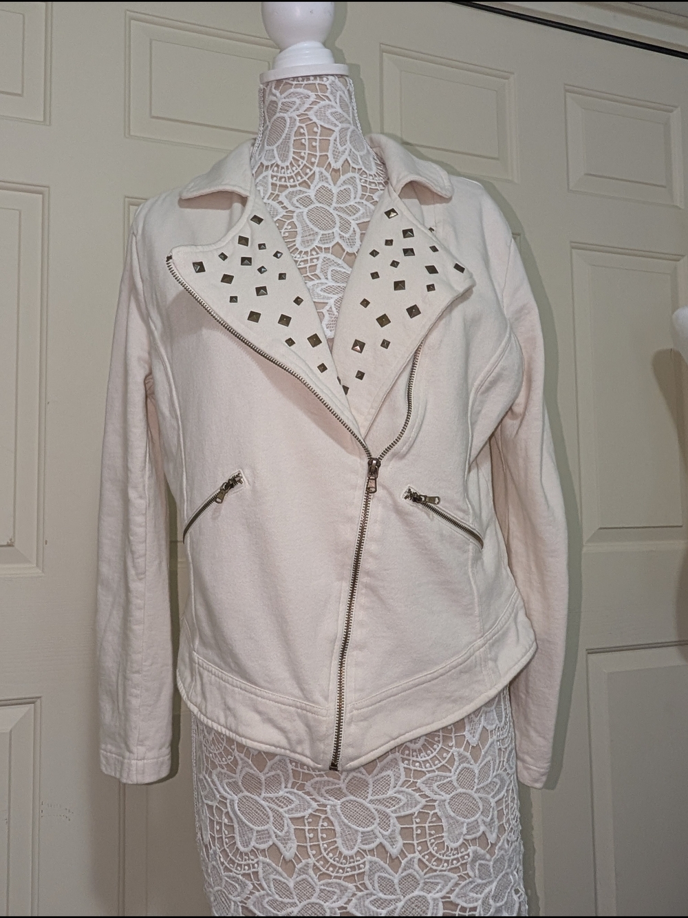 MNG by Mango Cream Studded Asymmetrical Moto Biker Jacket - Size L